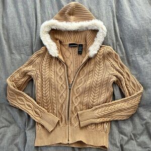 Y2K DKNY Tan Cable Knit Cardigan with Faux Fur Hood